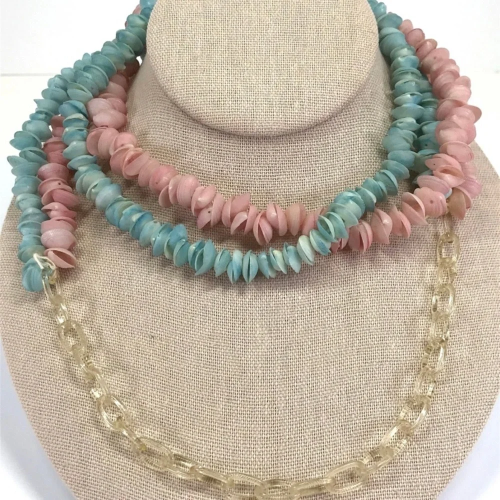 Vintage dyed rose &‎ skyblue shell & celluloid chain necklace